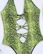 Snake-print Cutout Halter Neck Strap One-piece Swimsuit