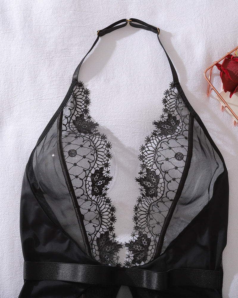 Deep V Halter Neck See-through Lace Sexy Bodysuit Lingerie