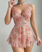 Deep V-neck Floral Print Sheer Mesh Ruffle Camisole Nightgown