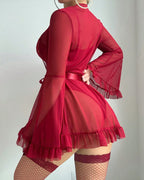 Sexy Lace Slip Dress Mesh See-through Tie-up Robe Loungewear Set