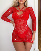 Sexy Heart Shaped Cutout Rhinestone High Elastic Fishnet Bodycon Dress