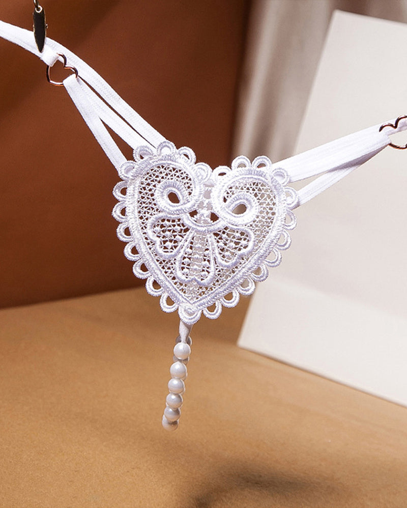 Sexy Heart-Shaped Lace Flower Pearl Embellished Thong