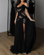Off-Shoulder Lace Corset Chiffon Thigh Slit Maxi Dress