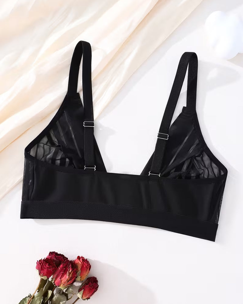 Sexy Deep V-neck Striped Mesh Paneling Front-closure Bra