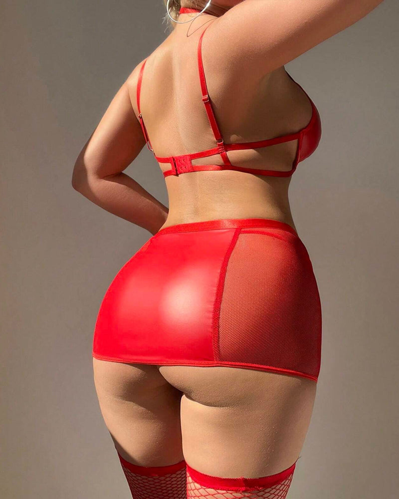 See-through Mesh Lleather Spliced Sexy Strappy Two-piece Lingerie Set