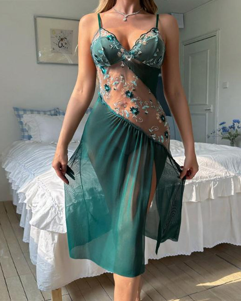Sexy Irregular Floral Embroidery Openwork V-neck Camisole Slit Long Nightgown