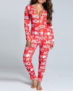 Christmas Deep V-neck Long-sleeved Back Button Closure Jumpsuit PJajama