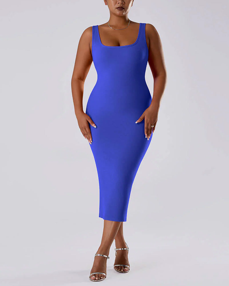 Solid Color Sleeveless Waist and Hip Lifting Long Dress With Built In Shapewear