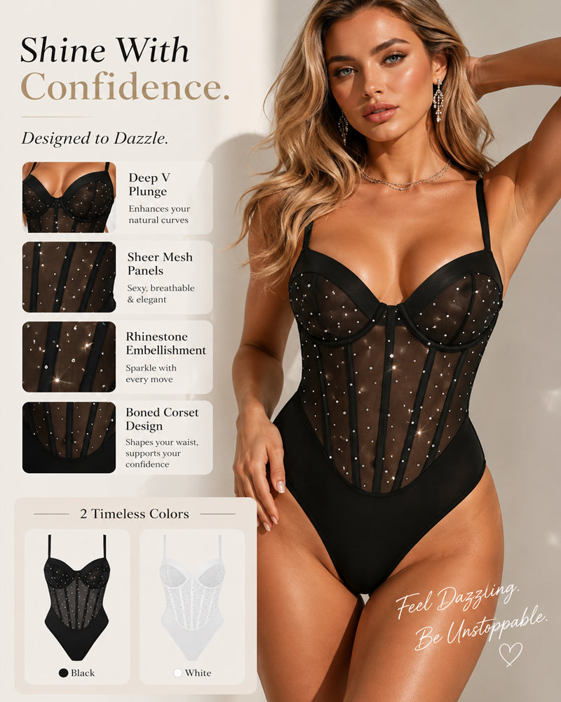 Sexy Sparkly Rhinestone See-through Mesh Bodysuit