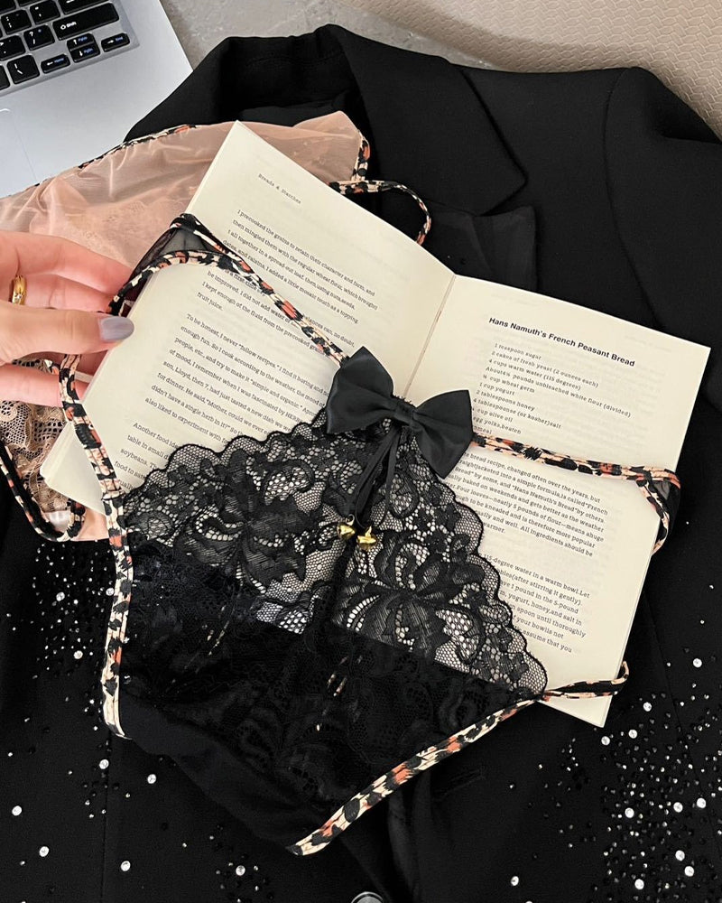 Leopard Print Lace Patchwork Mesh See-through Cutout Bell Bow Decoration Panties