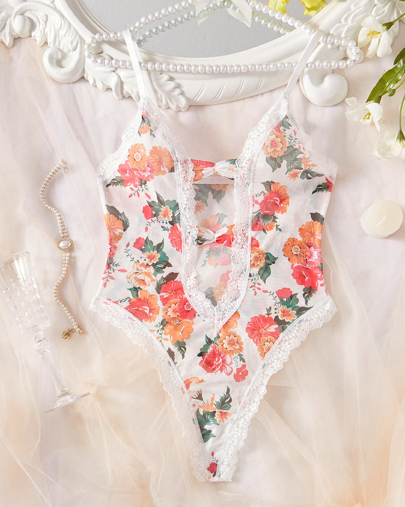 Colorful Floral Print Mesh Sheer Bodysuit Lingerie