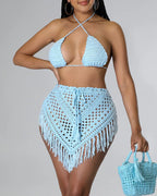 Hand-Crocheted Hollow Tassel Sexy Short Skirt Two-Piece Set