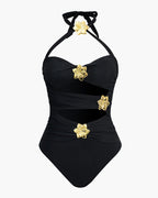 Halterneck Cut Out Swimsuit and Skirt With Flower Hardware Details