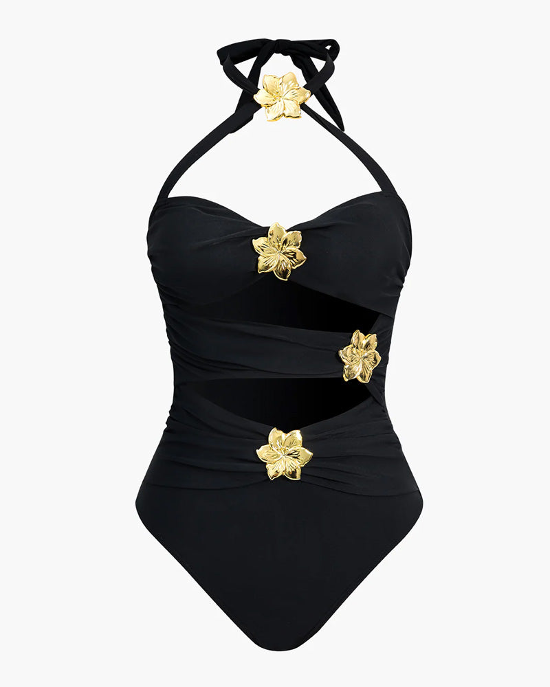 Halterneck Cut Out Swimsuit and Skirt With Flower Hardware Details