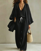Casual Loose Cotton Linen Sleeveless Vest, Wide-leg Pants and Cardigan Three-piece Set