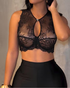 Black Sexy See-Through Lace Button Bra Top