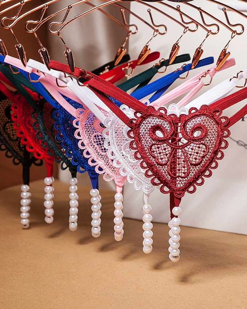 Sexy Heart-Shaped Lace Flower Pearl Embellished Thong