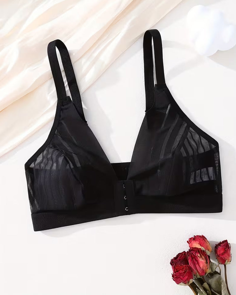 Sexy Deep V-neck Striped Mesh Paneling Front-closure Bra